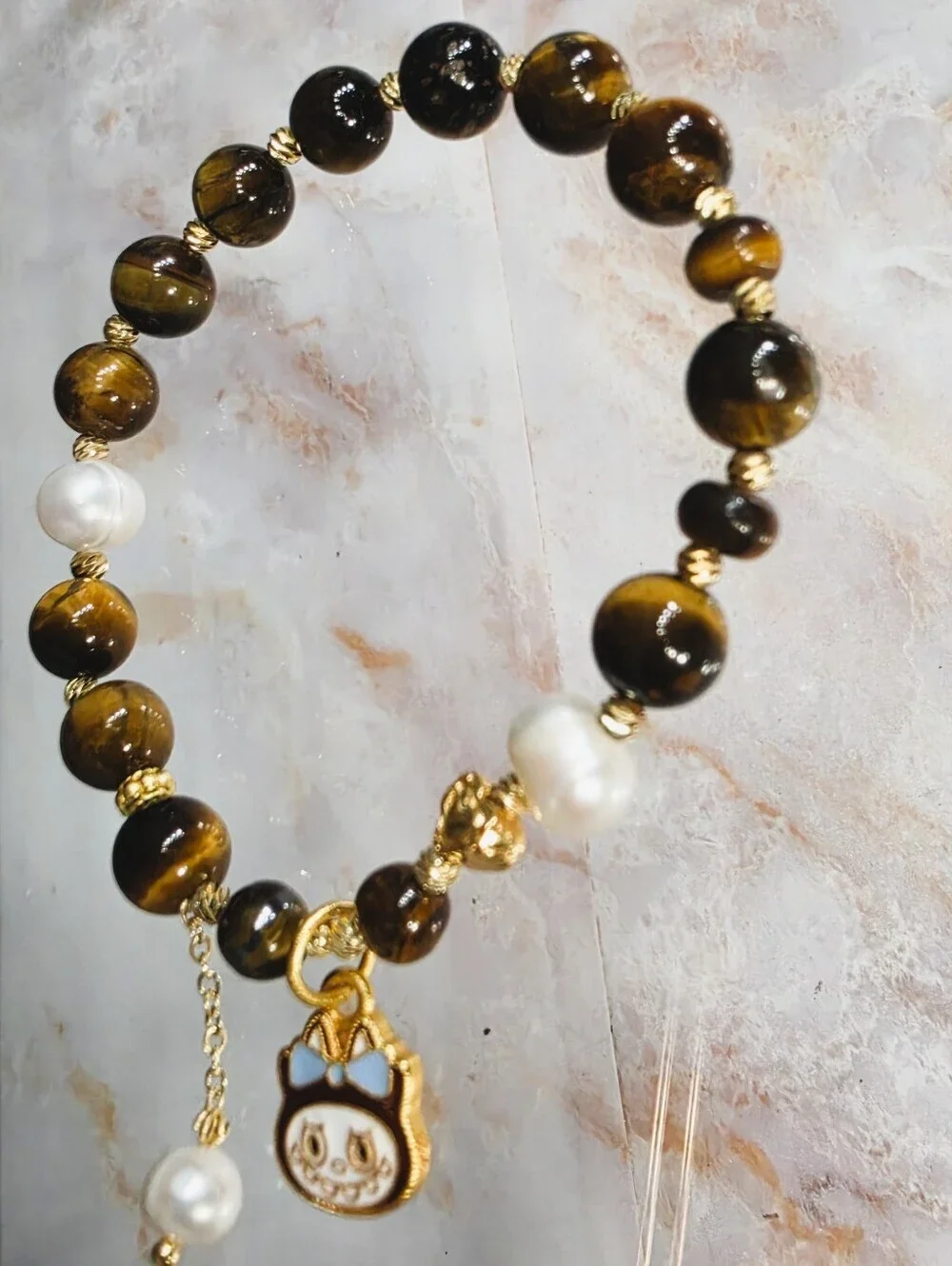 Labubu Tiger Eye Beaded Bracelet Pearl Charm Gold Tone Stretch Bracelet